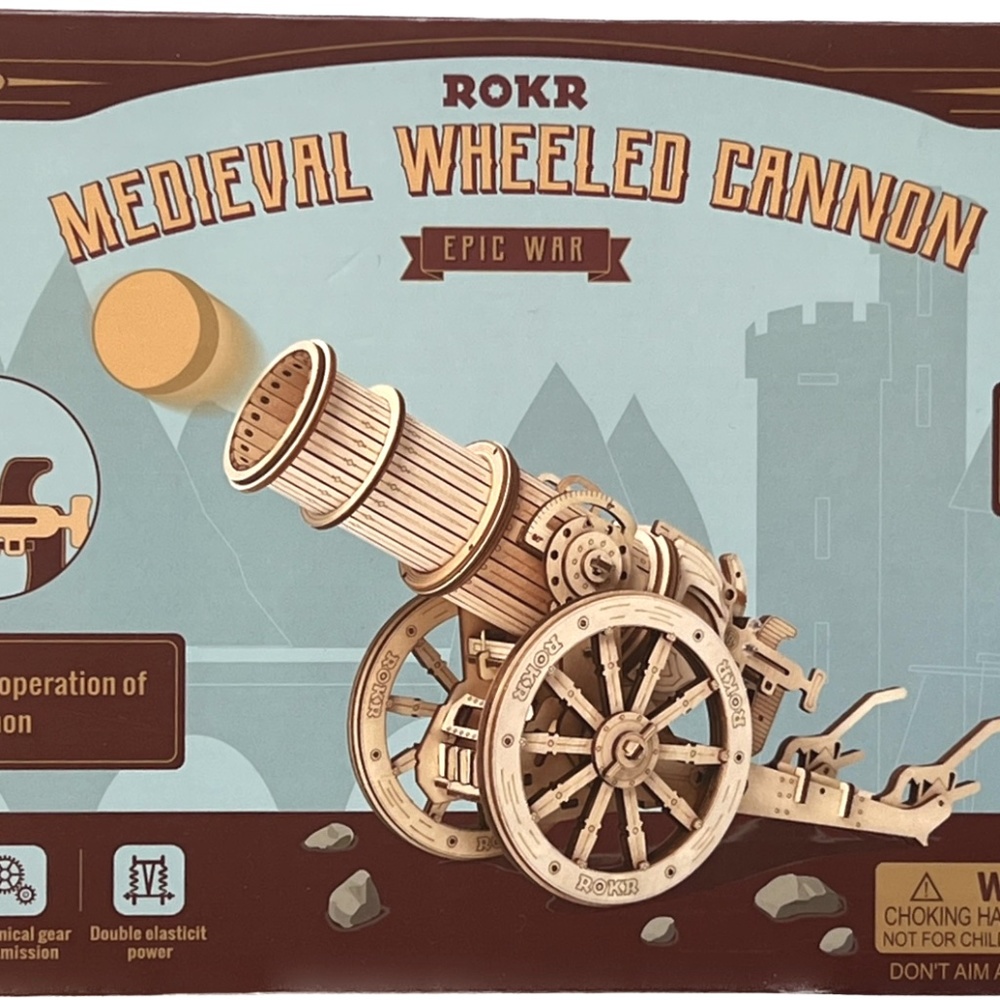 Rokr 3D Wooden Puzzle Model Kit Wooden Firing Medieval Wheeled Cannnon New Opene